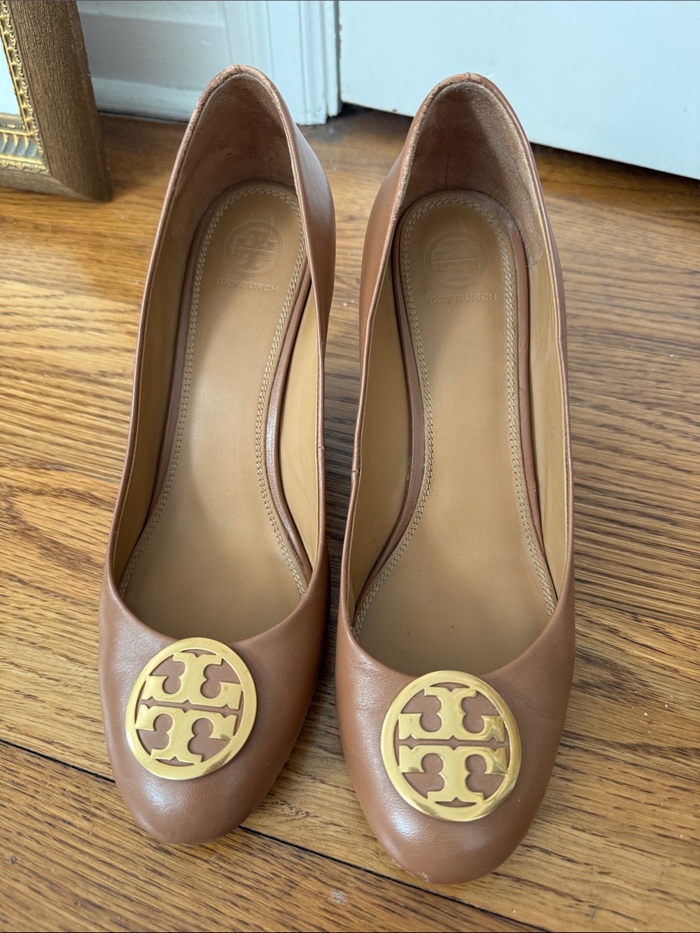 Tory Burch Tan Leather Logo Wedges